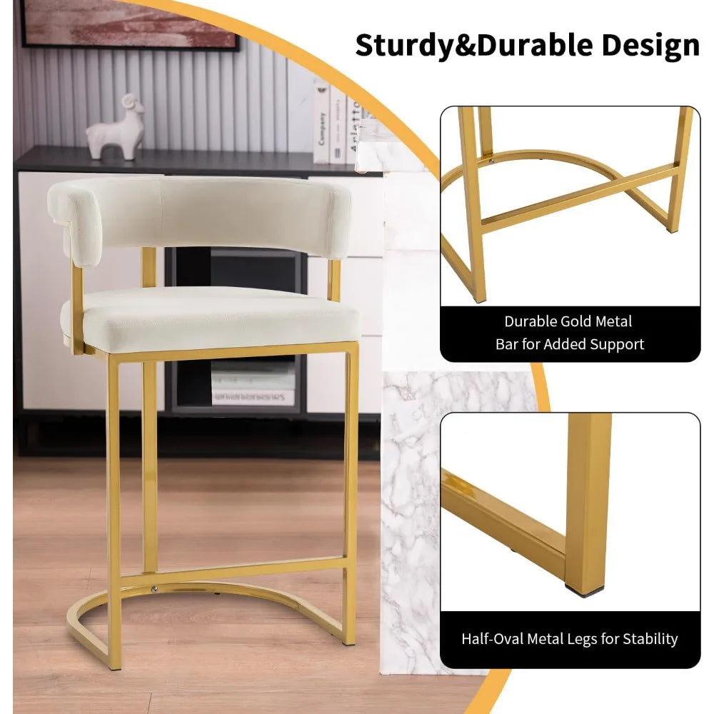 25.6" Seat Height Bar Stools (2-Piece) – Modern Beige Velvet, Barrel Backrest with Gold Metal Footrest