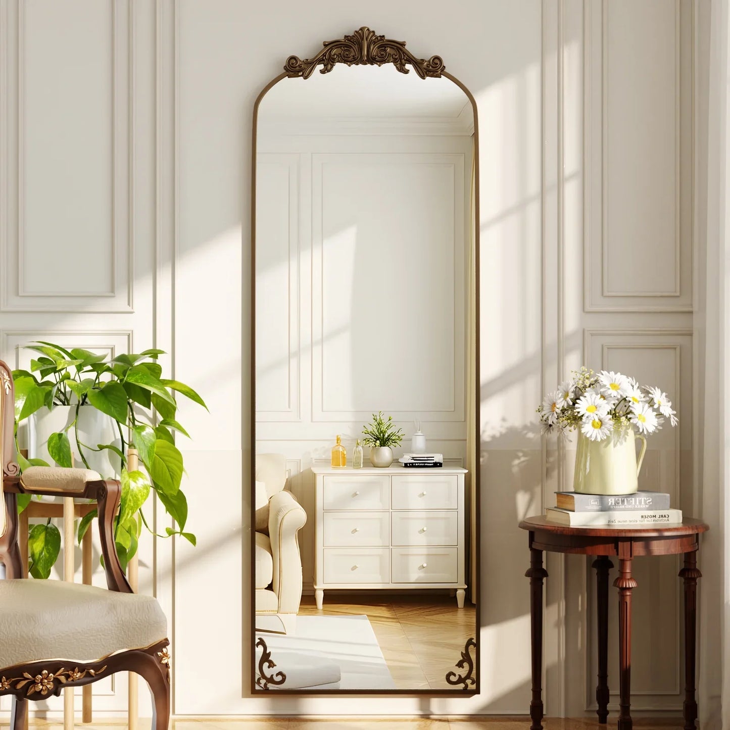 BEAUTYPEAK Full Length Mirror with Baroque Flower Head Design Wall-Mounted Mirror