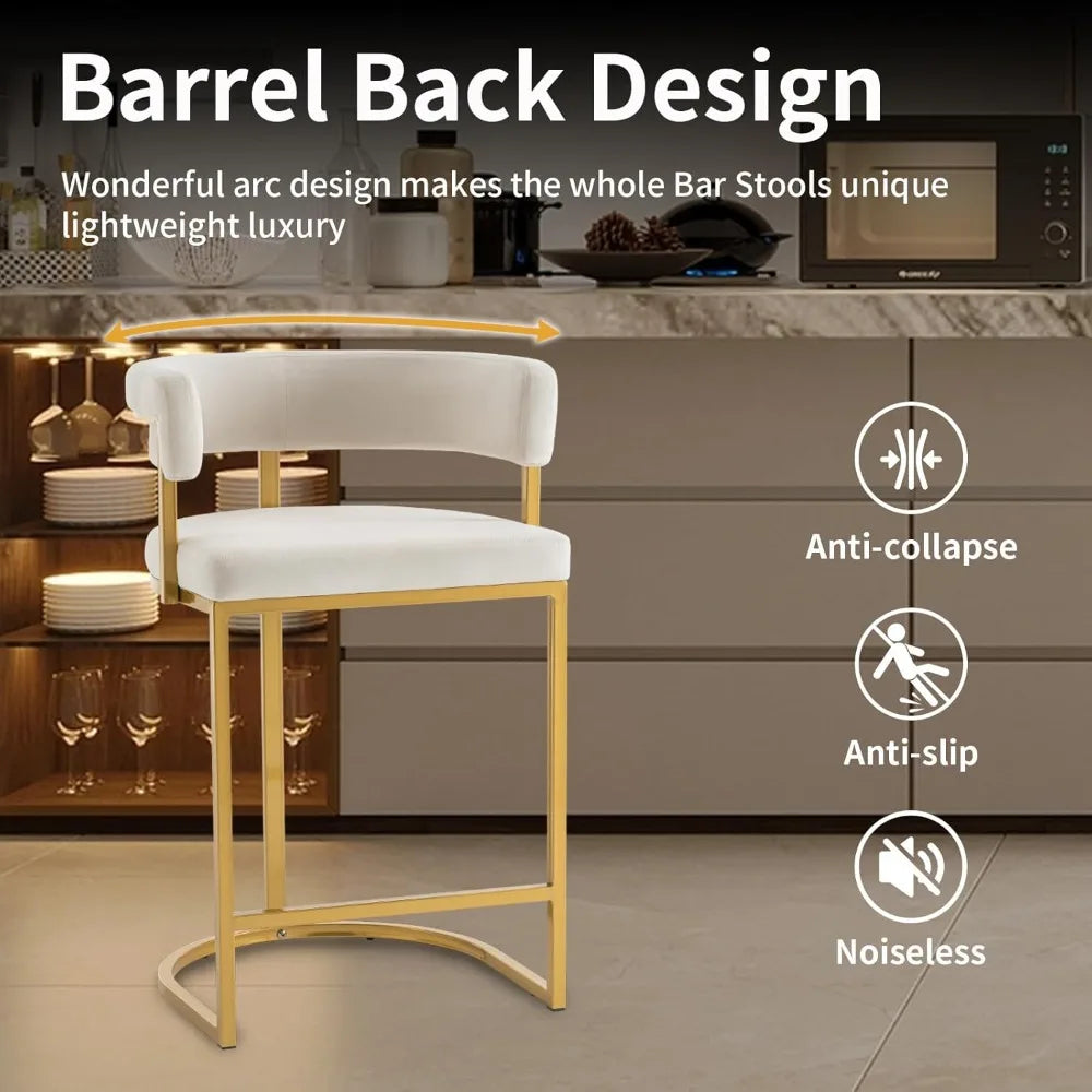 25.6" Seat Height Bar Stools (2-Piece) – Modern Beige Velvet, Barrel Backrest with Gold Metal Footrest