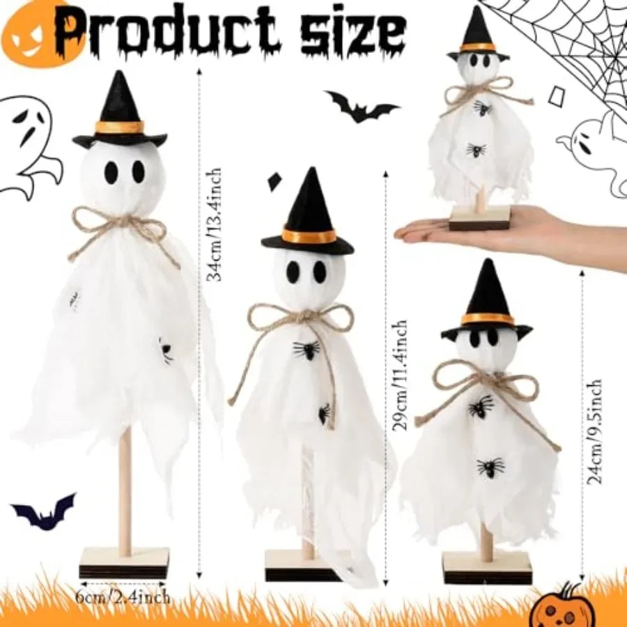 3 Pcs Halloween Witch Ghost Indoor Decorations Halloween Ghost on Wooden Stand Table Centerpieces with Witch Hat Spider for Des