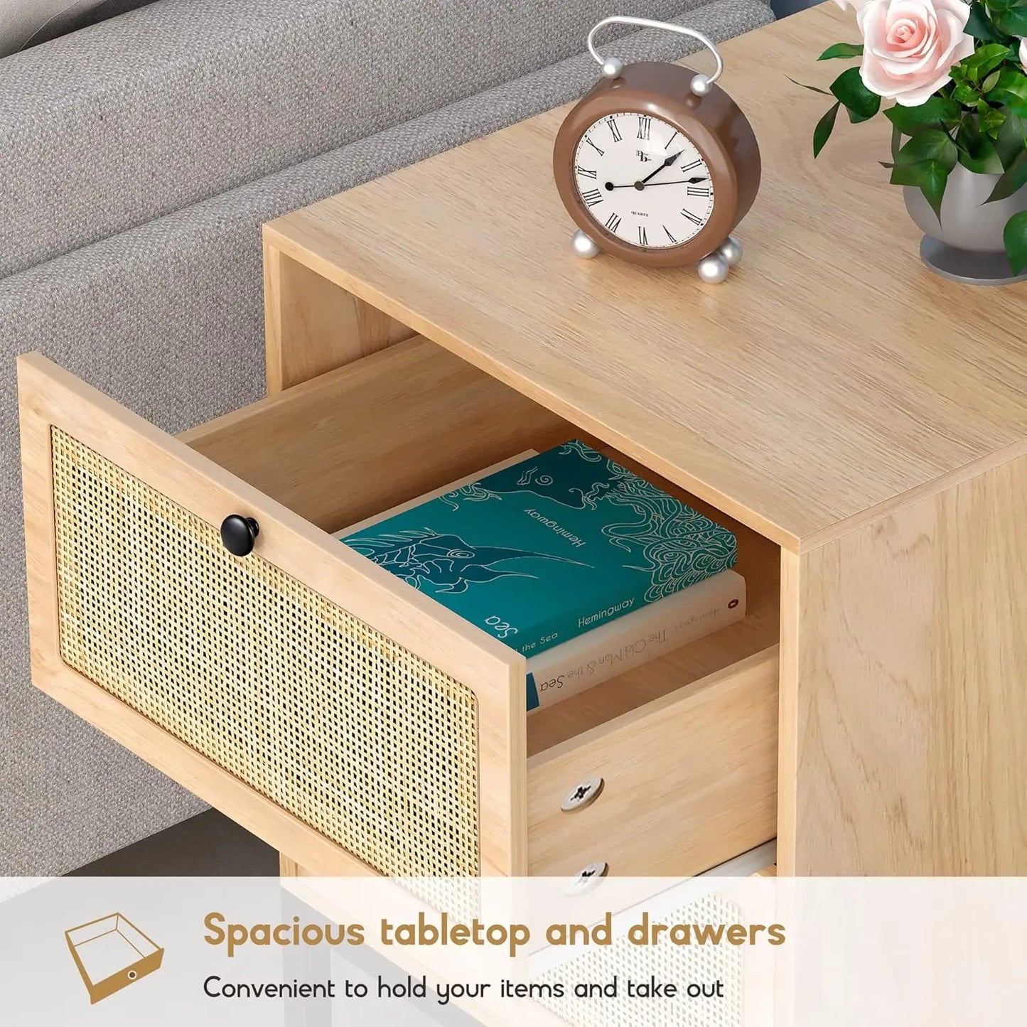 Natural Rattan Nightstand Set of 2, Boho Night Stand with Drawers, Bedside Table Accent Cane End Table Side Table for Bedroom L