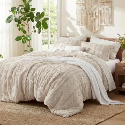 Tufted Boho Comforter Set Size - Beige Boho Bed Set, GentleSoft™ 3 Pieces Farmhouse-Style Embroidery Bedding, Gifts for Woman,