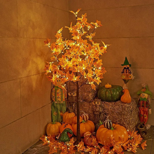 5FT Artificial Lighted Maple Tree with 96 LEDs for Indoor and Outdoor Halloween and Fall Decorations Warm White Illumination Or