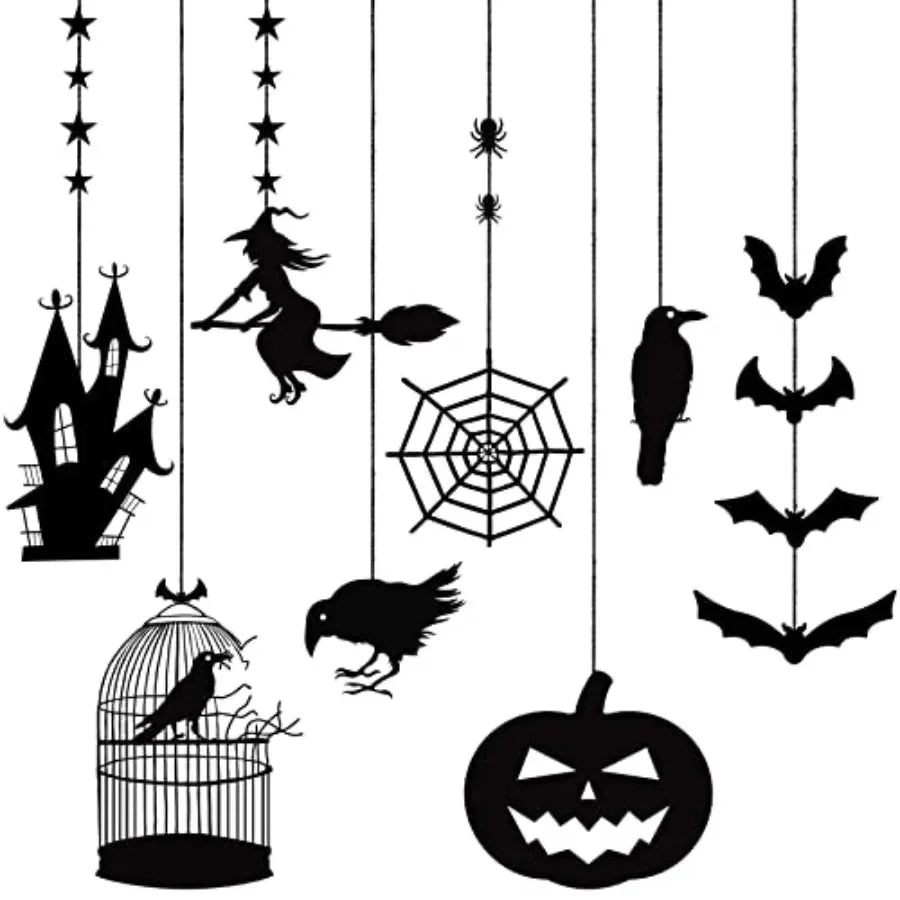 Halloween Witch Party Decorations Black Halloween Hanging Banner Garland Decorations Crow Cage Pumpkin Bats Haunted House Raven