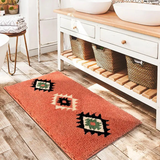 Boho Bathroom Rugs Coral Red Bath Mat Non Slip Western Geometric Bath Rug Luxury Soft Absorbent Carpet for Bathroom Shower Kitch