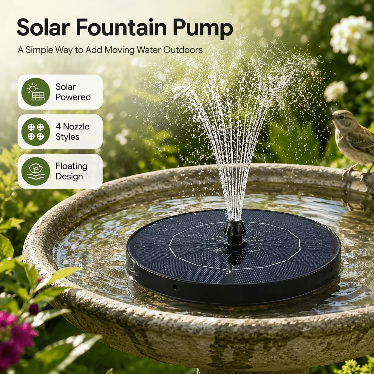 Solar Fountain, 1.8W/3.8W Solar Water Fountain with 4*Nozzles and 4*Crash Bars, DIY Water Feature&Outdoor Landscape Decor, Suitable for Bird Bath Garden Pond Pool etc