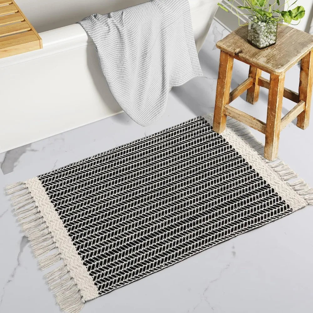 Boho Bathroom Rugs, Small 2x3 Front Door Mat Lightweight Kitchen Rug Woven Cotton Area Rug with Tassels, Farmhouse Washable Bla