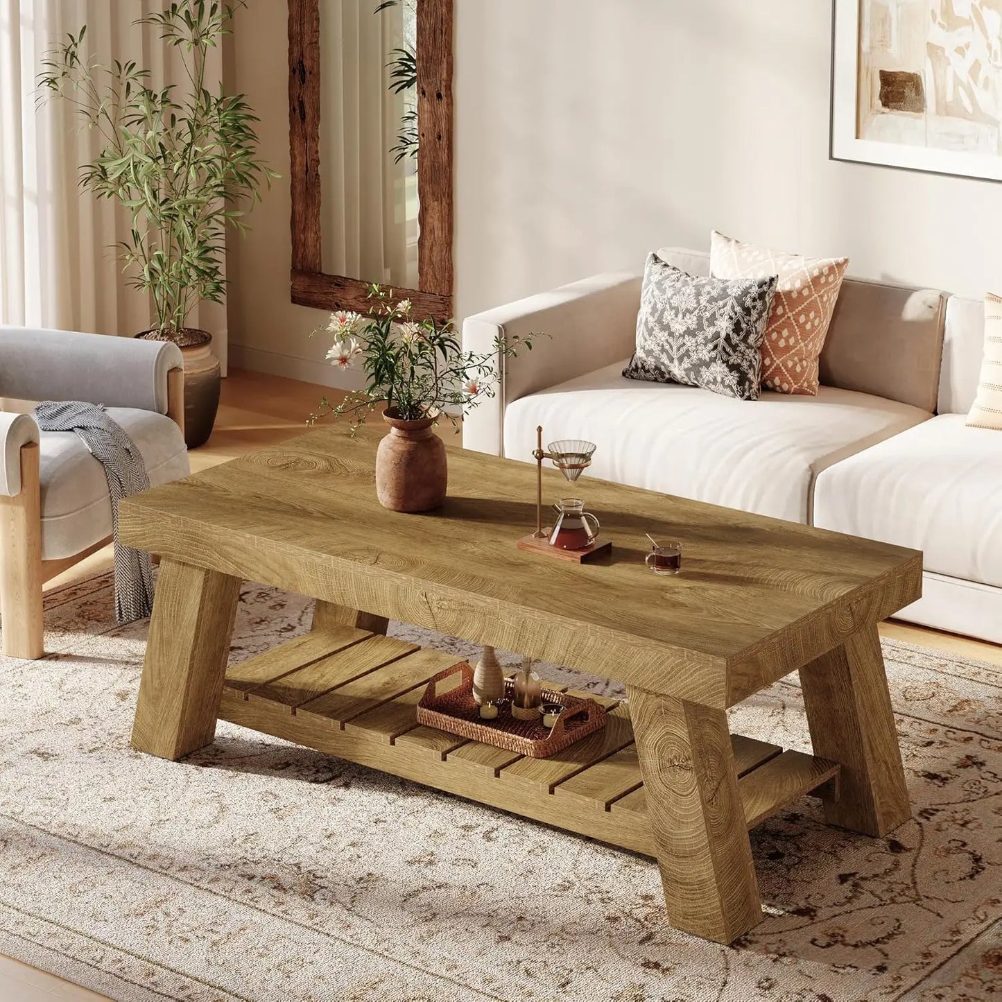 47.24" Rectangular Coffee Table, Farmhouse Wood Center Tables for Living Room, 2-Tier Rustic Accent Table with, Customized