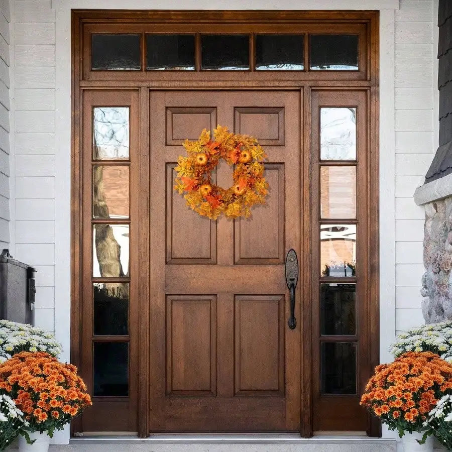 Autumn Harvest Berry & Pumpkin Vine Wreath for Front Door - 22 Inch Artificial Fall Greenery Decor with Bittersweet Accents