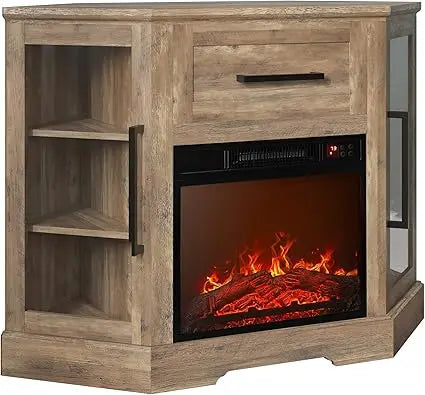 43" Corner TV Stand with 18" Electric Fireplace Heater for TVs up to 43", Modern Corner Wood Entertainment Center with Glass Do