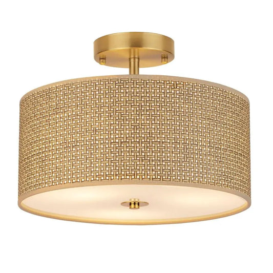 Woven Rattan Boho Ceiling Light Fixture, 3Light Modern Semi Flush Mount Lamp with Drum Fabric Shade, Rustic Brown Lighting for B