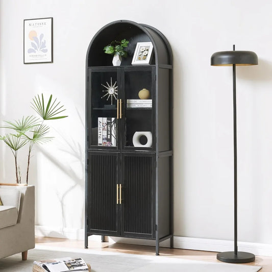 Arched Storage Cabinet with Glass Doors & Shelves, 5-Tier Farmhouse Bookcase Bookshelf Tall Floor Curved Hutch Storage Cabinet