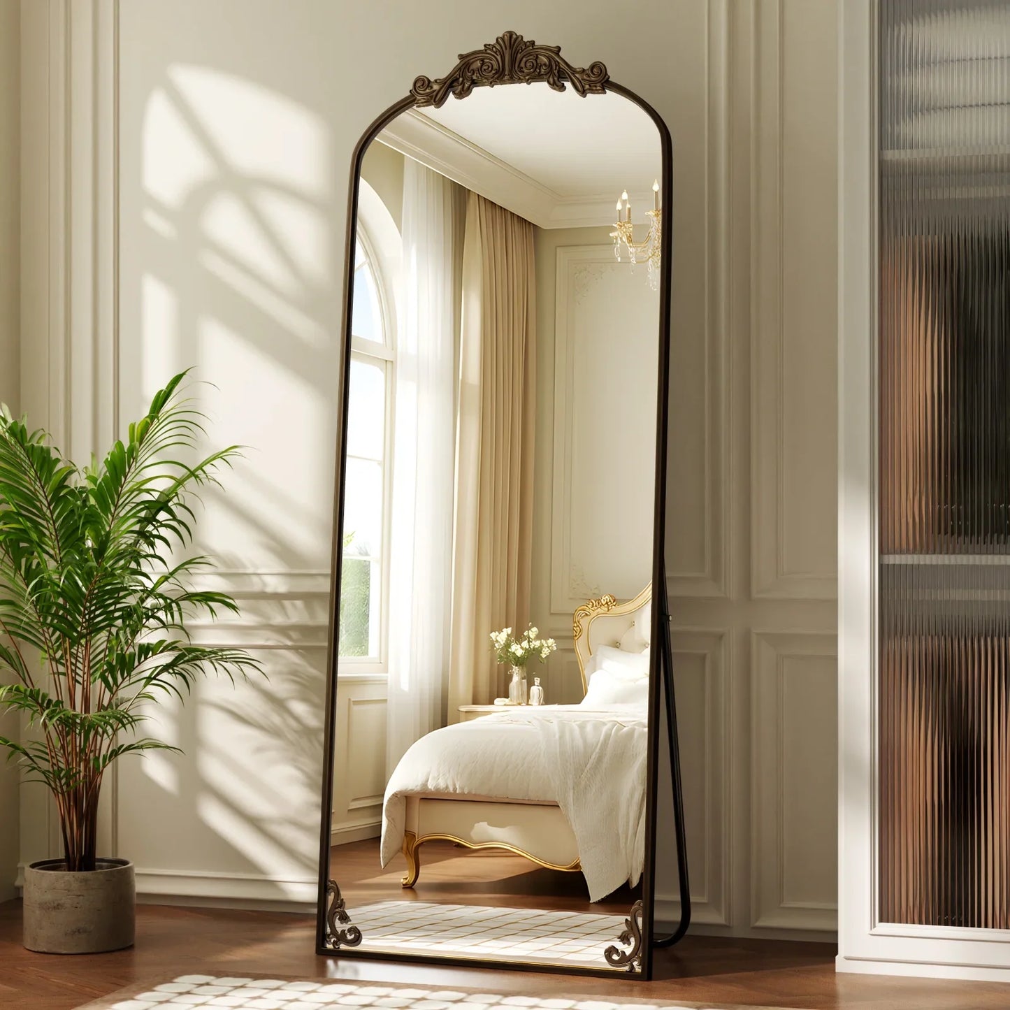 BEAUTYPEAK Full Length Mirror with Baroque Flower Head Design Wall-Mounted Mirror