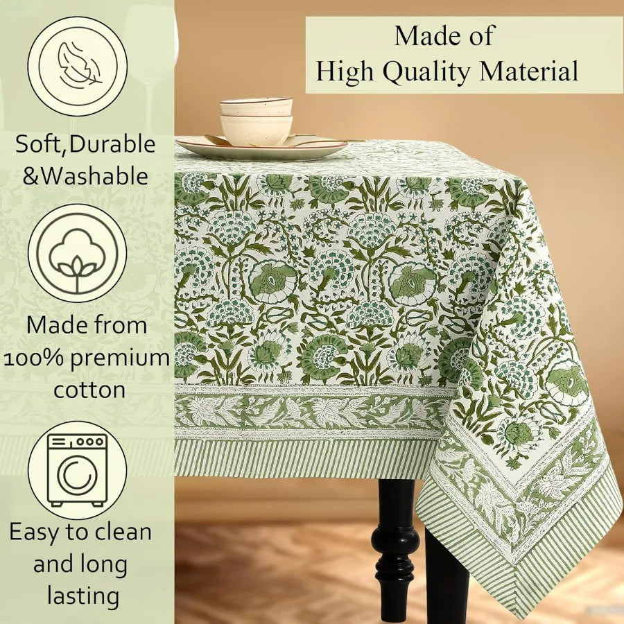 Tablecloth 100% Cotton 60x90 Inch Indian Block Print Rectangle Table Cover, Washable Table Cloth for Weddings, Spring/Summer, Ba