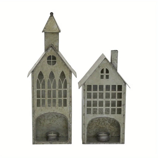 2-Piece Grey Farmhouse Votive Holders - Rustic Textured Candle Holders with Distressed Finish, Ideal for Mantles, Dining Tables