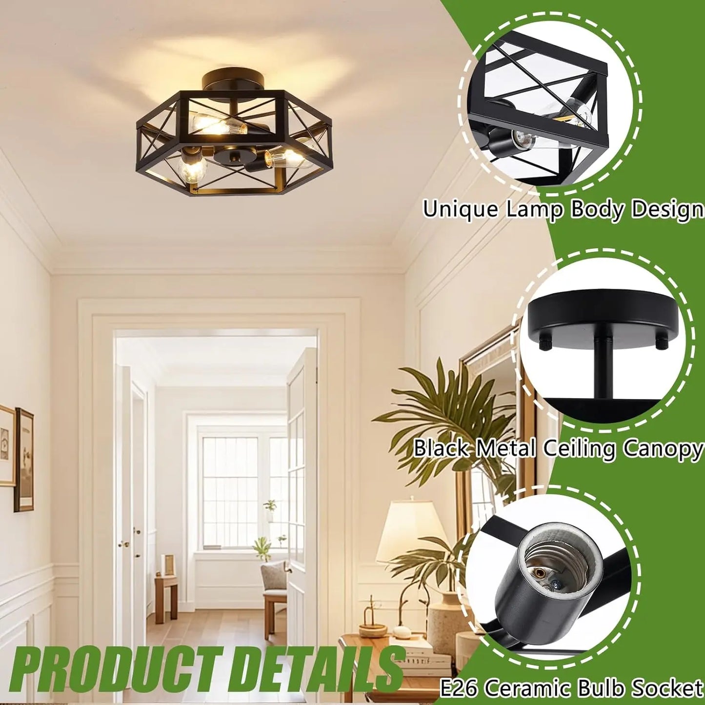 3-Light Black Semi Flush Mount Ceiling Fixture with Hexagon Cage for Kitchen Dining Room Bedroom Hallway