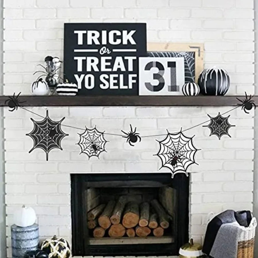 Spider Web Banner Garland Black Halloween Decorations Hanging Cobweb Spiderweb Haunted Mansion for Spooky Birthday Horror Home