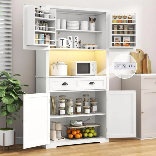 72" Farmhouse Kitchen Pantry Cabinet With LED, Operation Table & Power Outlet, Tall Storage With Drawer, Adjustable Shelves for