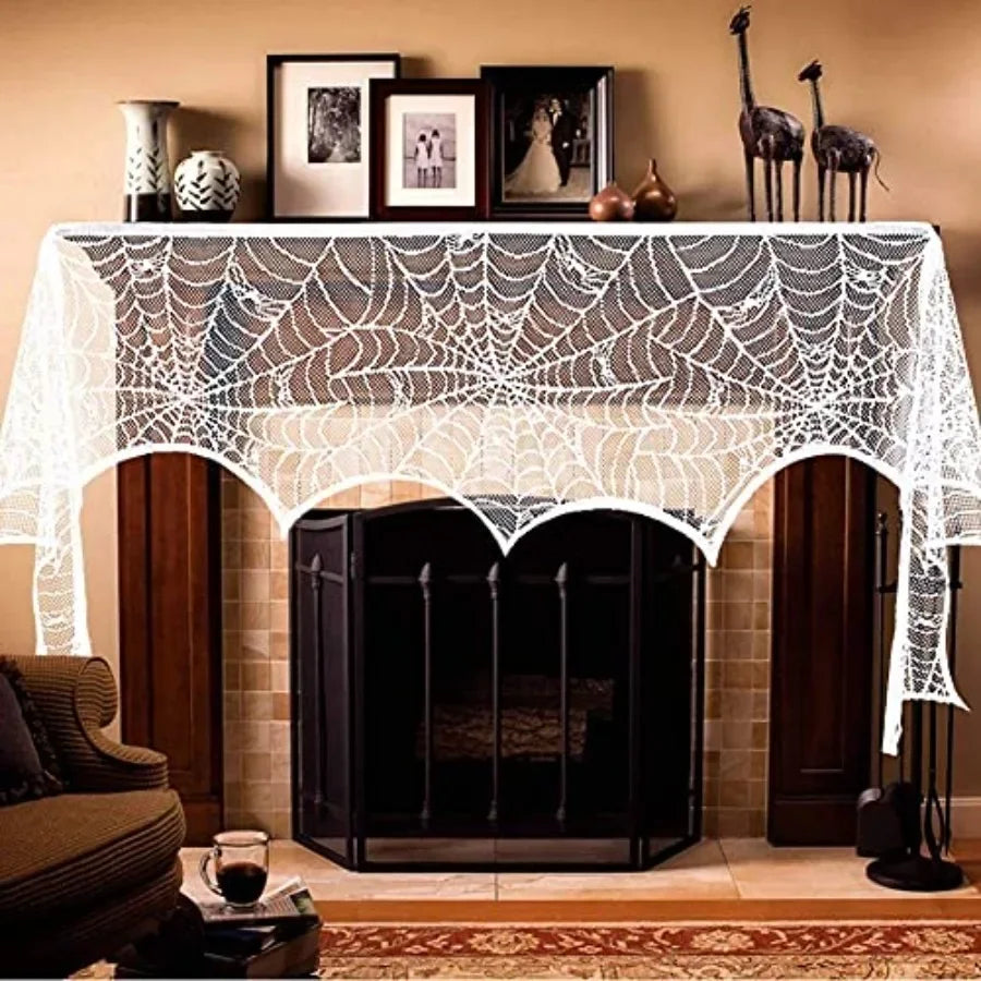 Halloween Fireplace Mantel Scarf, Halloween Decorations White Lace Spiderweb Fireplace Cover Festive Party Supplies, 18 x 98 in