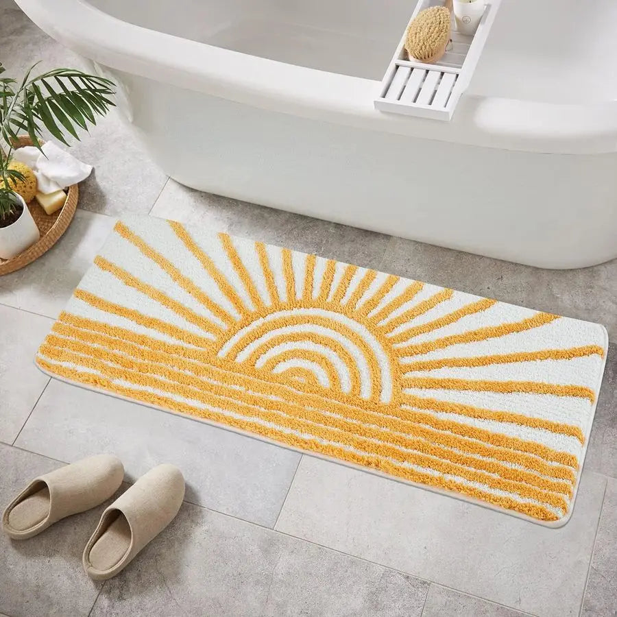 Boho Bathroom Runner Yellow and White Sun Long Bathroom Rugs Non Slip Water Absorbent Microfiber Bath Mat Modern Minimalism Mach