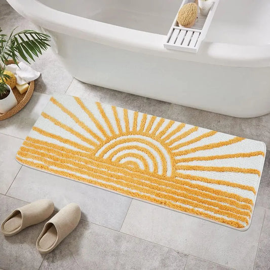 Boho Bathroom Runner Yellow and White Sun Long Bathroom Rugs Non Slip Water Absorbent Microfiber Bath Mat Modern Minimalism Mach