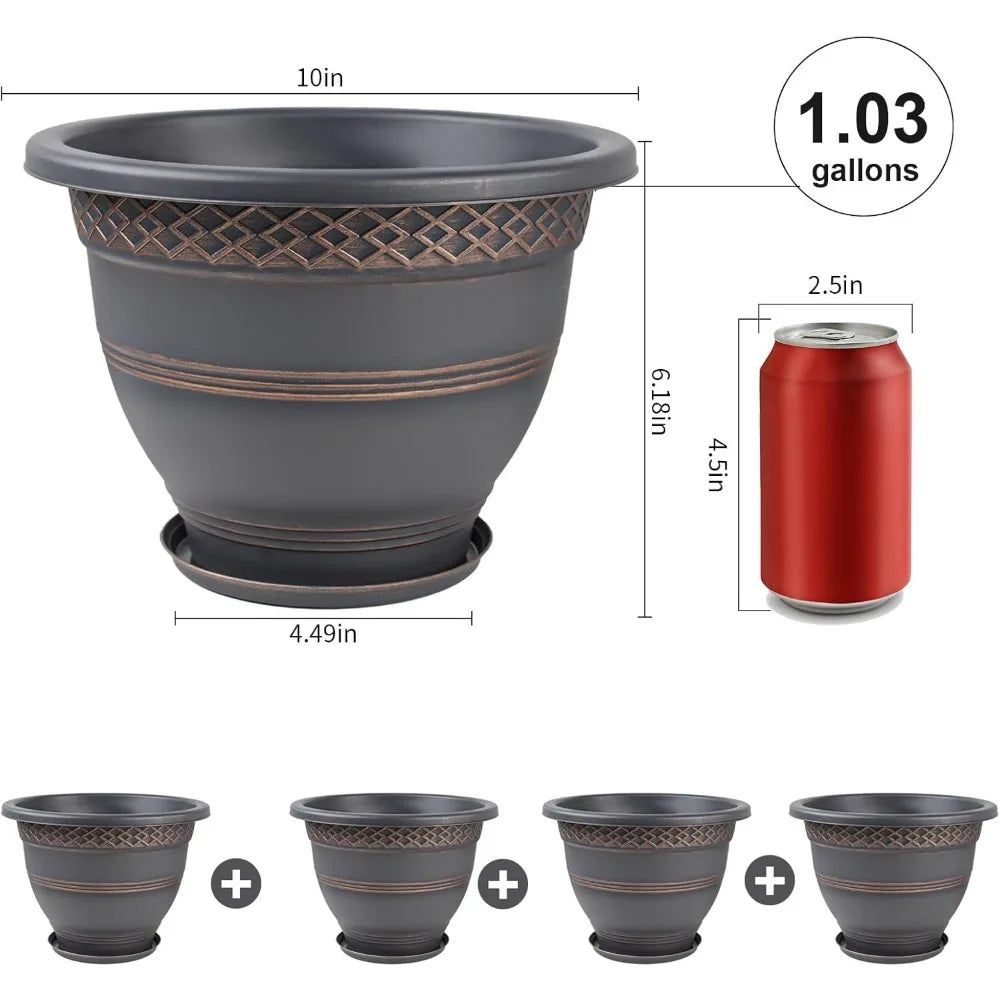 10 Inch 4 Pack Plastic Plant Pots with Drainage Holes and Saucers for Indoor Outdoor Herbs Garden Planters