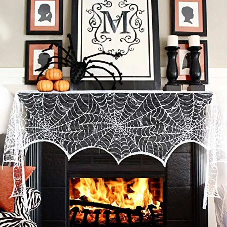 Halloween Fireplace Mantel Scarf, Halloween Decorations White Lace Spiderweb Fireplace Cover Festive Party Supplies, 18 x 98 in