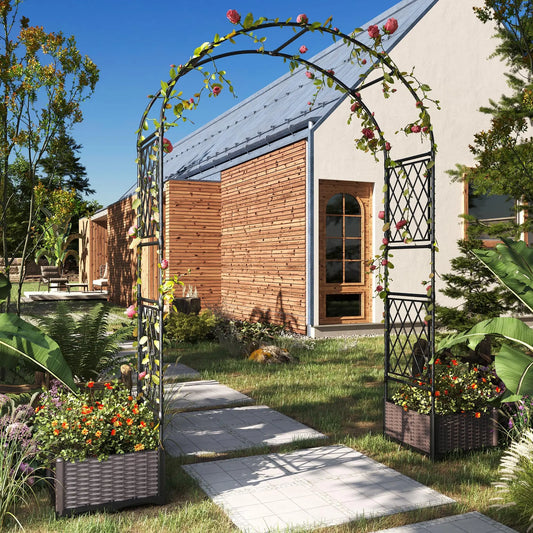 Garden Arbor w/2 Planter Boxes, Metal Climbing Plants Arch Trellis Decorative Archway Wedding Arch Frame for Lawn Backyard Yard