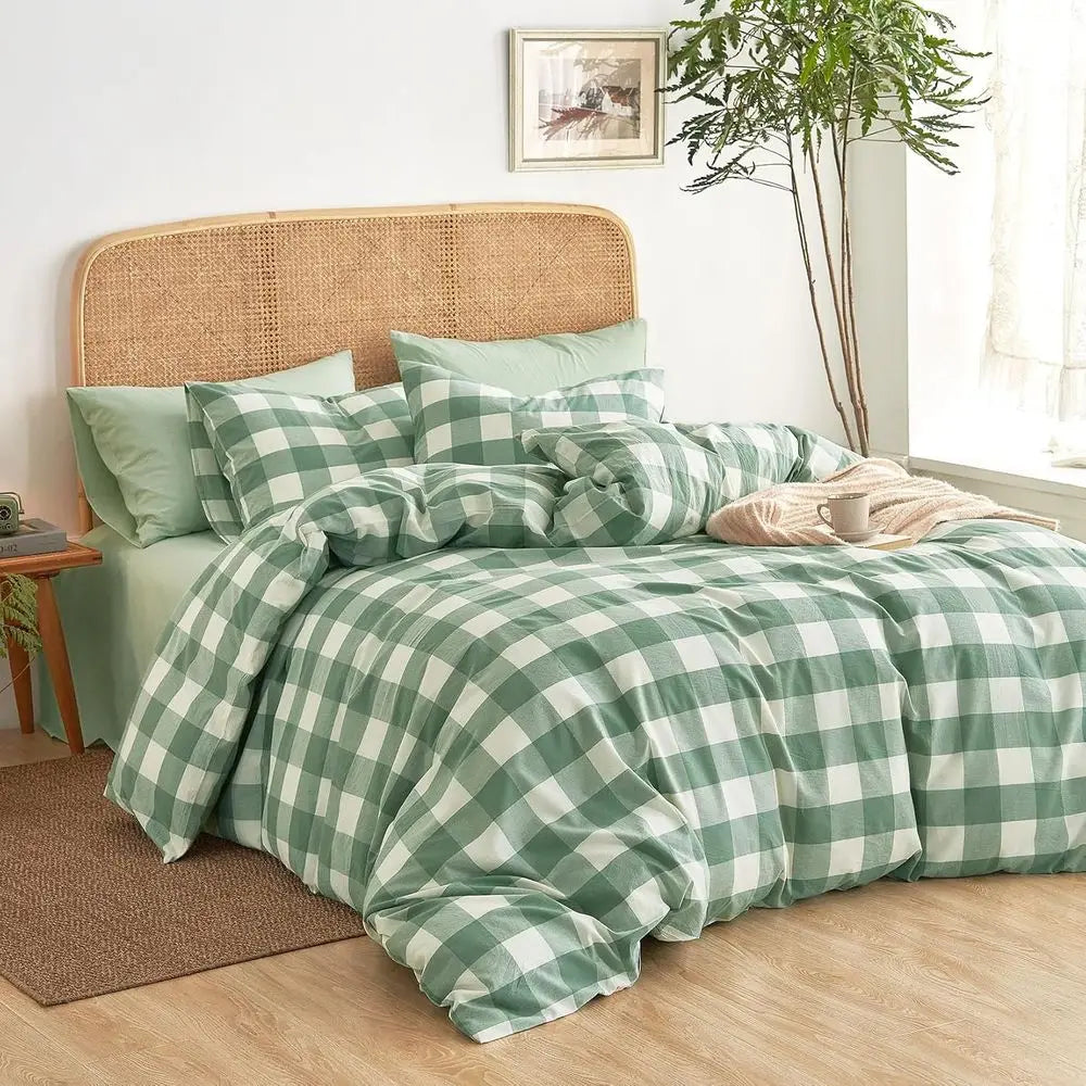 - Gingham Cotton Duvet Cover Set, Plaid BuCheck Checkered armhouse, 100% Washed Cotton Textured Percale Bedding Set, 3 Pieces, G