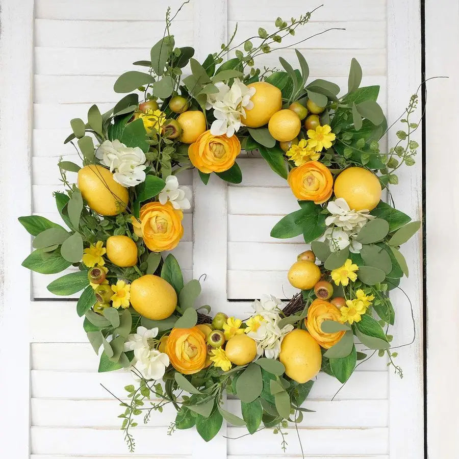 20 inch Artificial Lemon Wreath for Front Door Yellow Peony White Hydrangea Green Leaves Wreath with Big Berries Grapevine Sprin