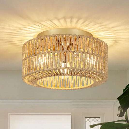Light Fixtures, 3Light Farmhouse Rattan Ceiling Light, Flush Mount with HandWoven Shade, Modern Chandelier for Living, Bedroom,