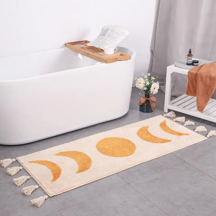 Boho Bathroom Runner Moon Phases Bath Mat with Tassels NonSlip Washable Bathroom Rug, Boho Decor for Dorm, Shower or Bedroom. Ne