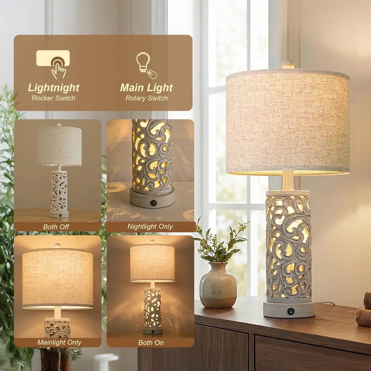 Set of 2 Farmhouse Table Lamps with USB Ports & Night Light, Vintage Style for Bedroom Living Room Home Office