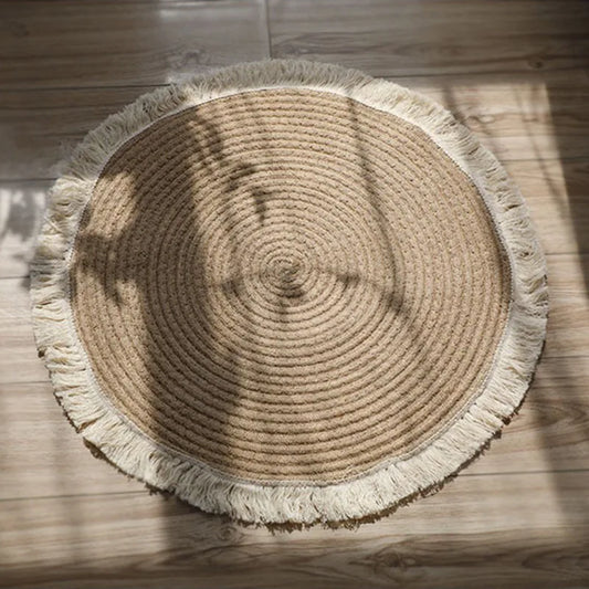 HeMu Round Woven Rugs Handmade Jute Rattan Carpet With Tassel for Bedroom Living Room Vintage Home Decor Floor Mats RoomDoor Mat