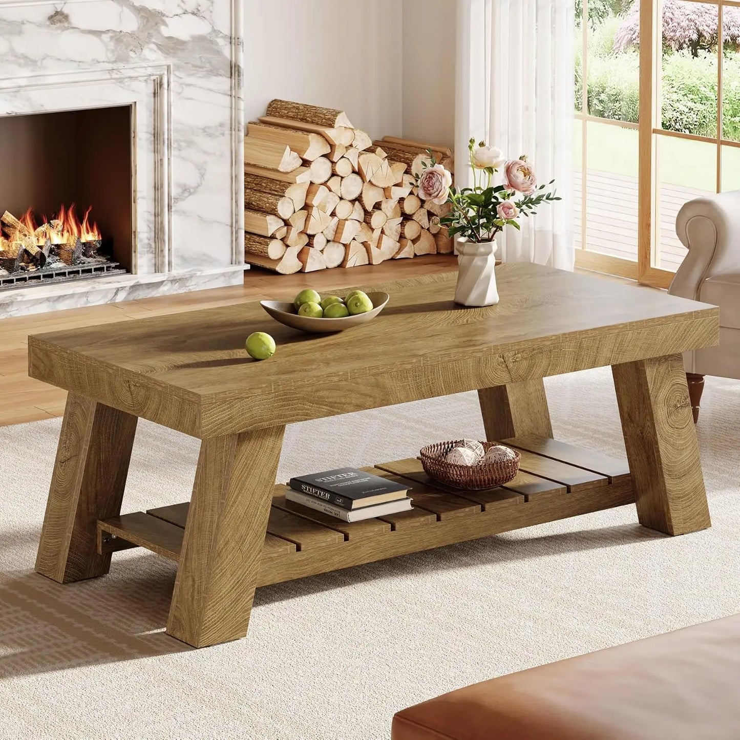 47.24" Rectangular Coffee Table, Farmhouse Wood Center Tables for Living Room, 2-Tier Rustic Accent Table with, Customized