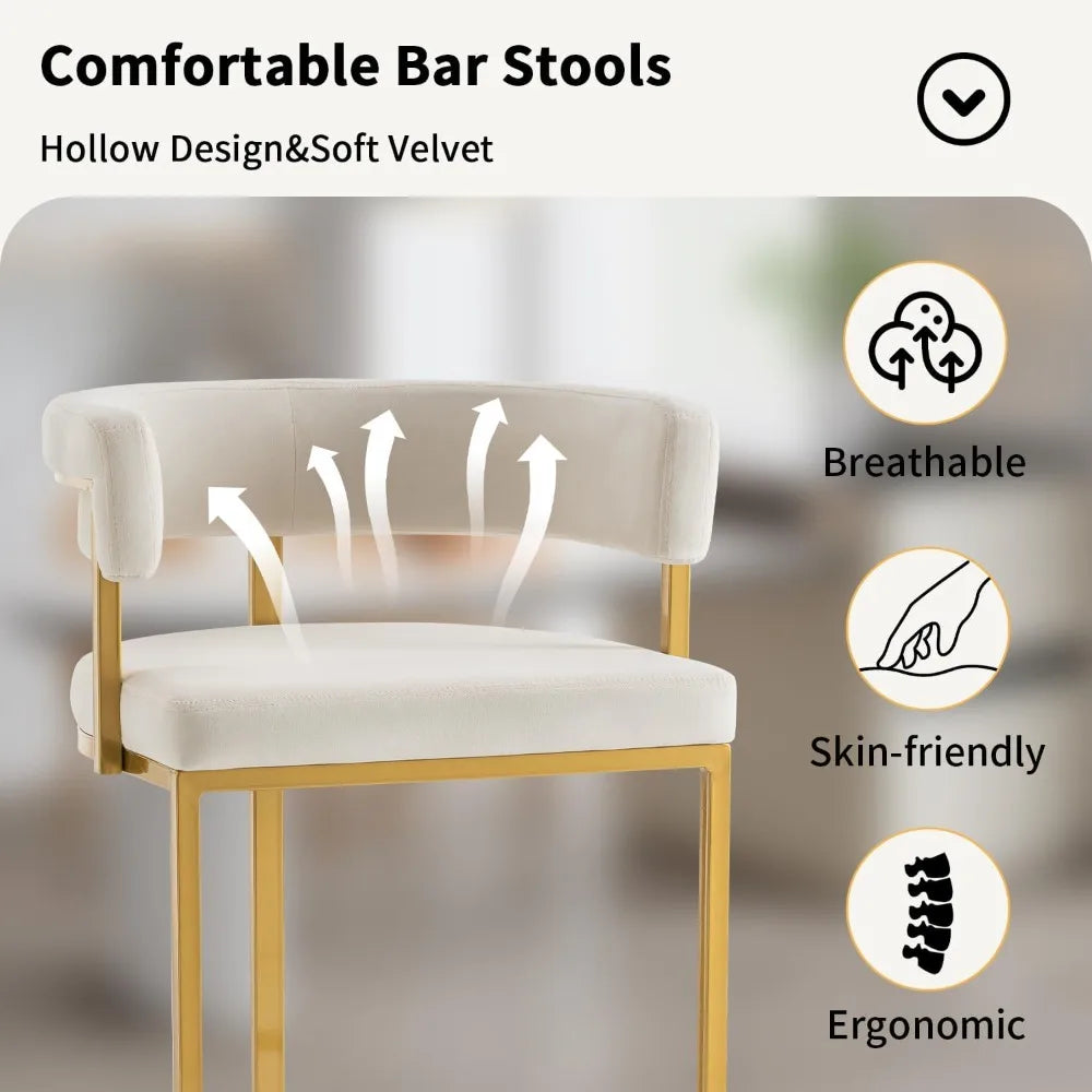 25.6" Seat Height Bar Stools (2-Piece) – Modern Beige Velvet, Barrel Backrest with Gold Metal Footrest