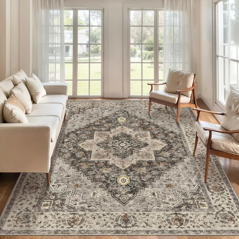 Vintage 8x10 Large Area Rugs for Living Room, Washable Indoor Non-Slip Rugs with Distressed Brown/Grey Print Design