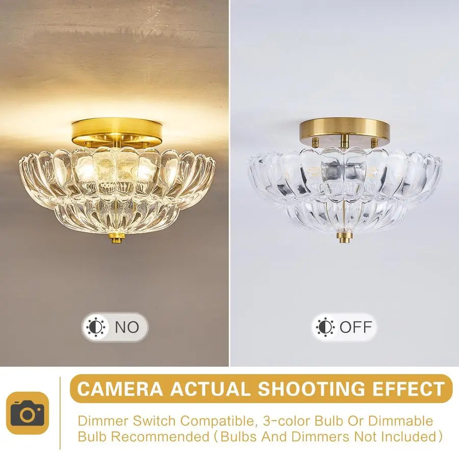 Mid Century Modern Vintage Semi Flush Mount Ceiling Light Fixture,Gold Surface Treatment,Clear Flower Glass,for Hallway Bedroom