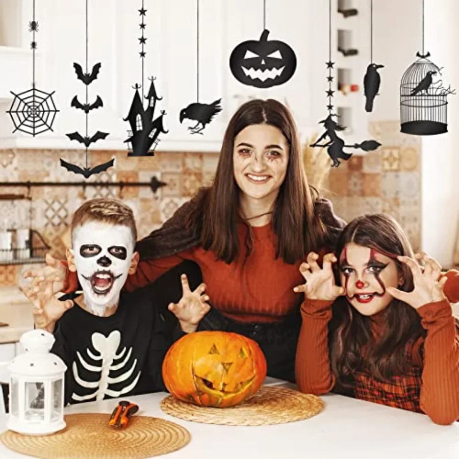 Halloween Witch Party Decorations Black Halloween Hanging Banner Garland Decorations Crow Cage Pumpkin Bats Haunted House Raven