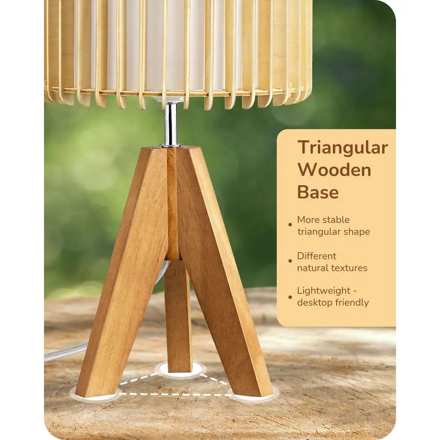 14.17 Small Table Lamp, Wood Tripod Bedside Lamp, Natural WoodColored Hollow amp White PVC Shade, E26 Base, Boho Nightstand Lamp