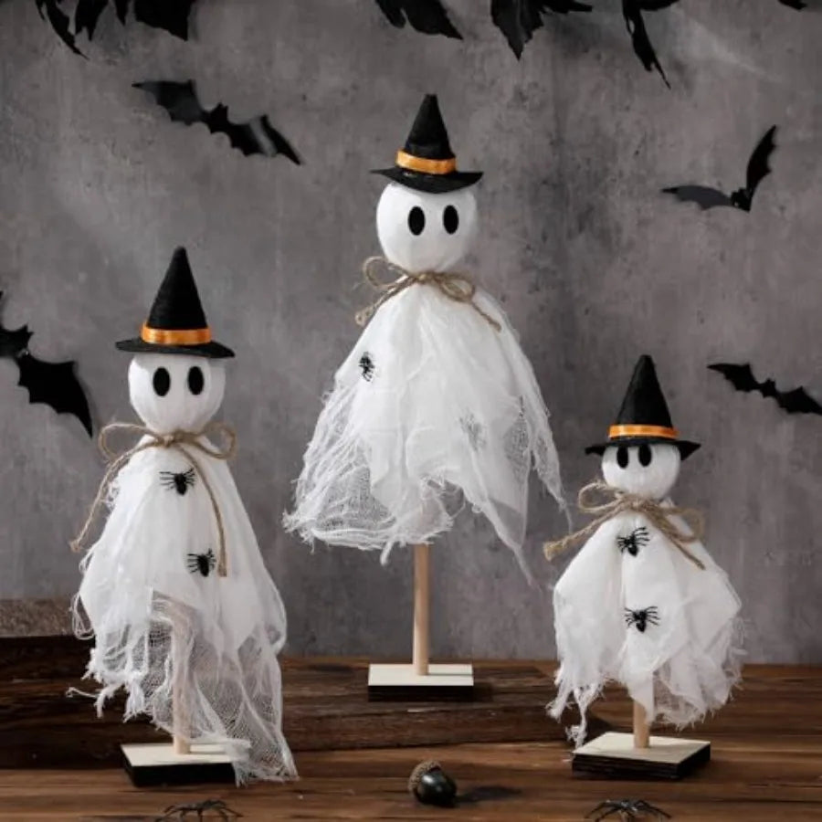 3 Pcs Halloween Witch Ghost Indoor Decorations Halloween Ghost on Wooden Stand Table Centerpieces with Witch Hat Spider for Des