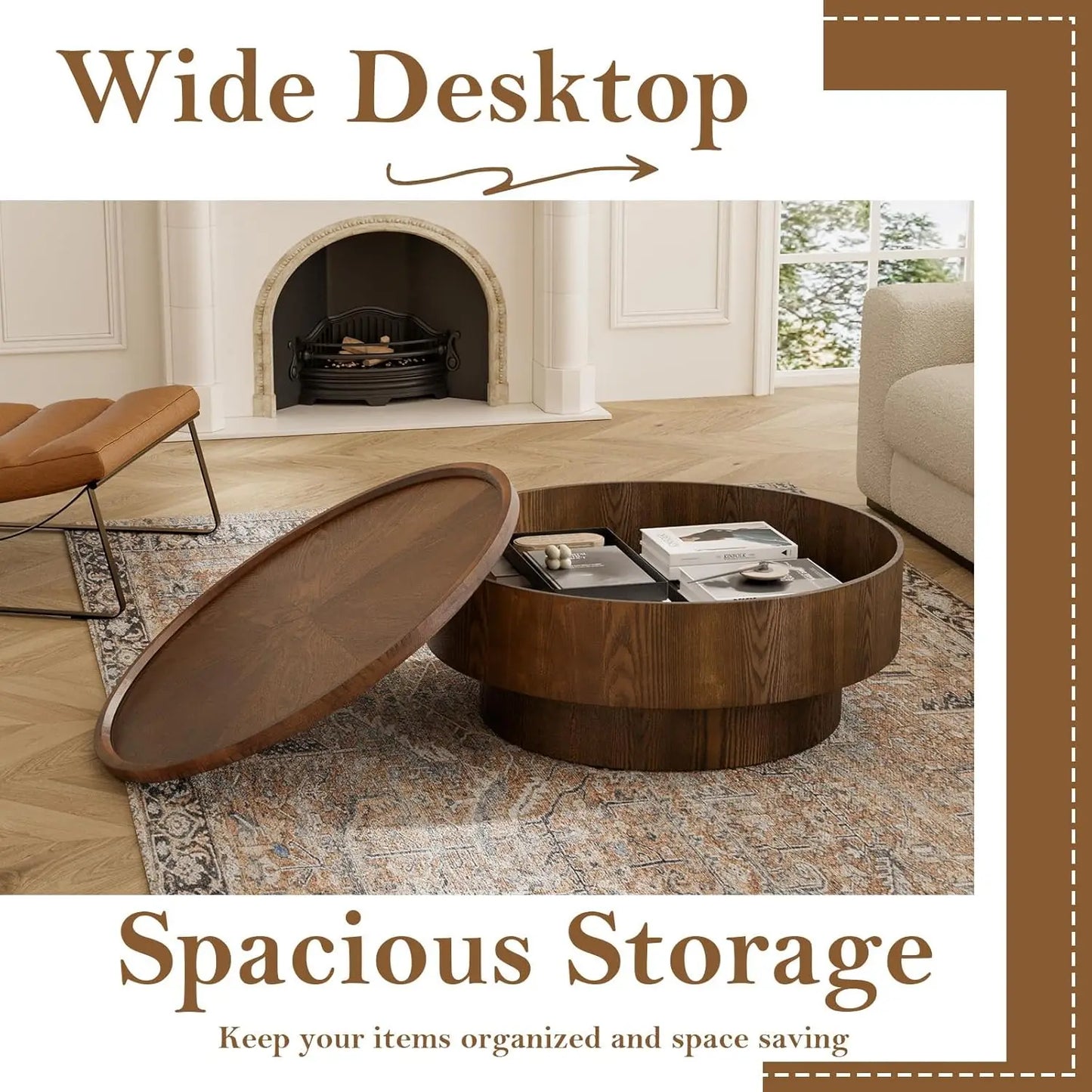 Rustic Wood Round Coffee Table with Storage, Modern Luxury Circle Drum Center Tables with Solid Wood Veneered and, Customized