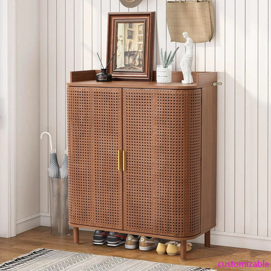 Shoe Cabinet, 5 Tier Boho Wooden Shoe Storage Organizer Cabinet with Adjustable Shelves, Shoes Rack with Iron Rattan Curved