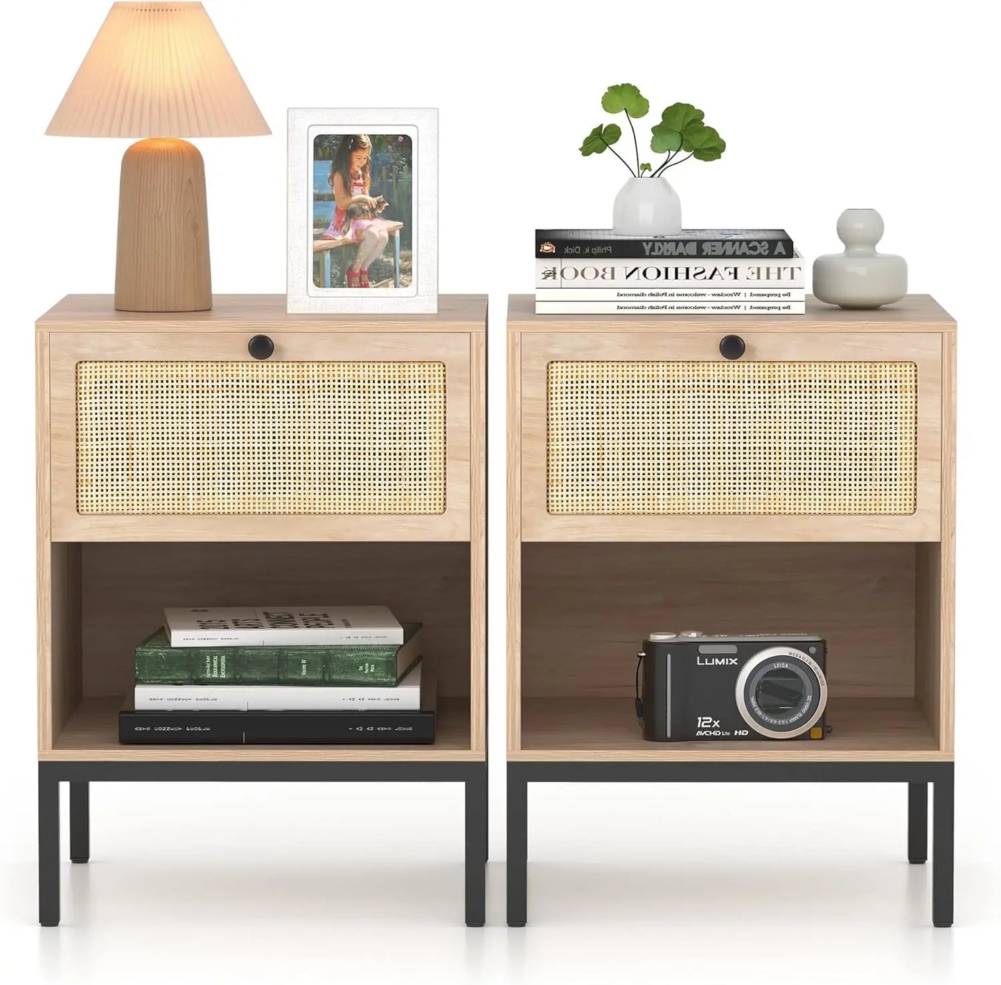 Natural Rattan Nightstand Set of 2, Boho Night Stand with Drawers, Bedside Table Accent Cane End Table Side Table for Bedroom L