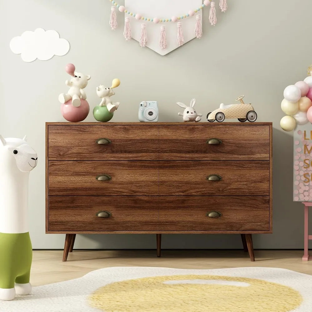 Walnut Brown Dresser for Bedroom, 6 Drawer Dresser with Wide Drawers and Metal Knob, Wood Dressers & Chest of Hallway