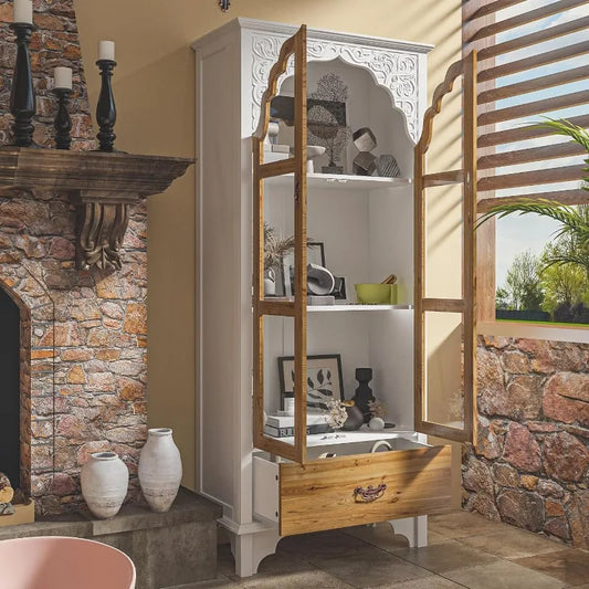 ECACAD Modern 3-Tier Storage Cabinet Bookshelf with Carved Doors,Versatile for Living Room, Kitchen, Home Office,White&Brown