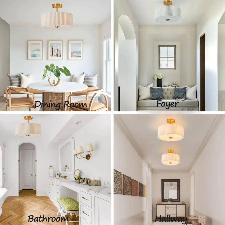 Semi Flush Mount Ceiling Light Fixture,12.5 inch Drum Flush Mount Ceiling Light,Gold Light Fixtures Ceiling Mount,Cream White wi