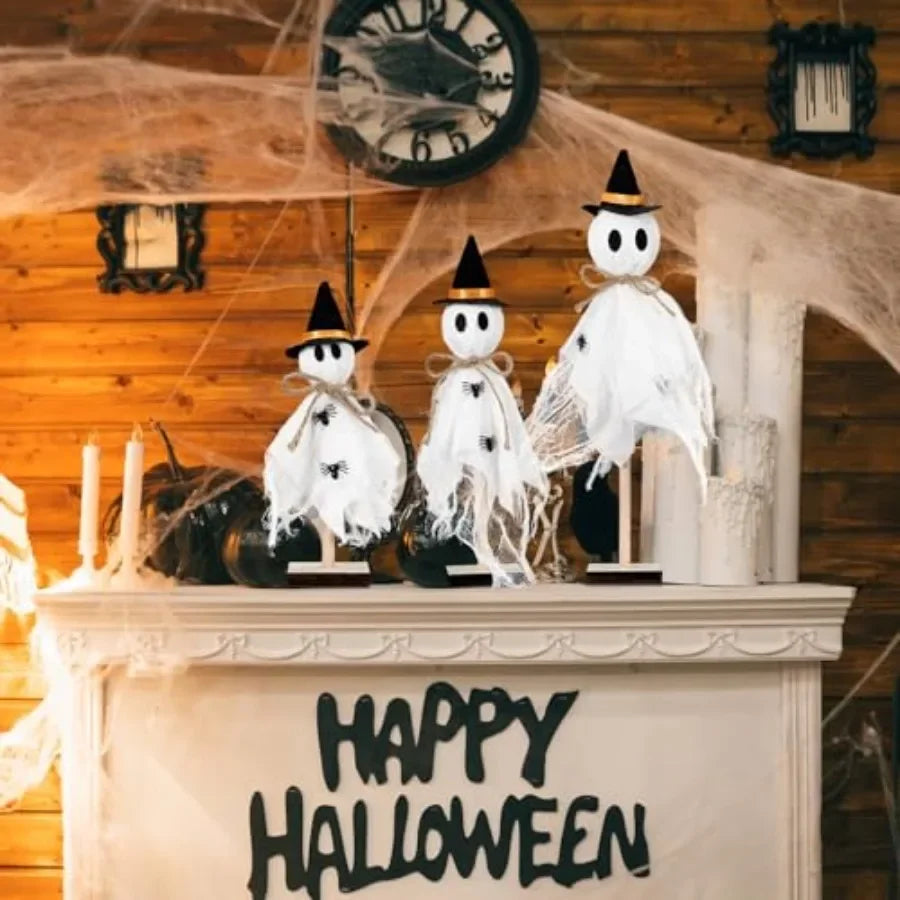 3 Pcs Halloween Witch Ghost Indoor Decorations Halloween Ghost on Wooden Stand Table Centerpieces with Witch Hat Spider for Des