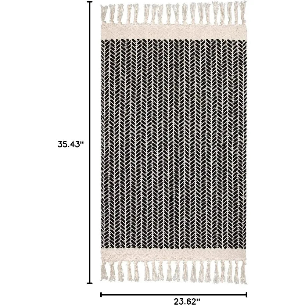 Boho Bathroom Rugs, Small 2x3 Front Door Mat Lightweight Kitchen Rug Woven Cotton Area Rug with Tassels, Farmhouse Washable Bla