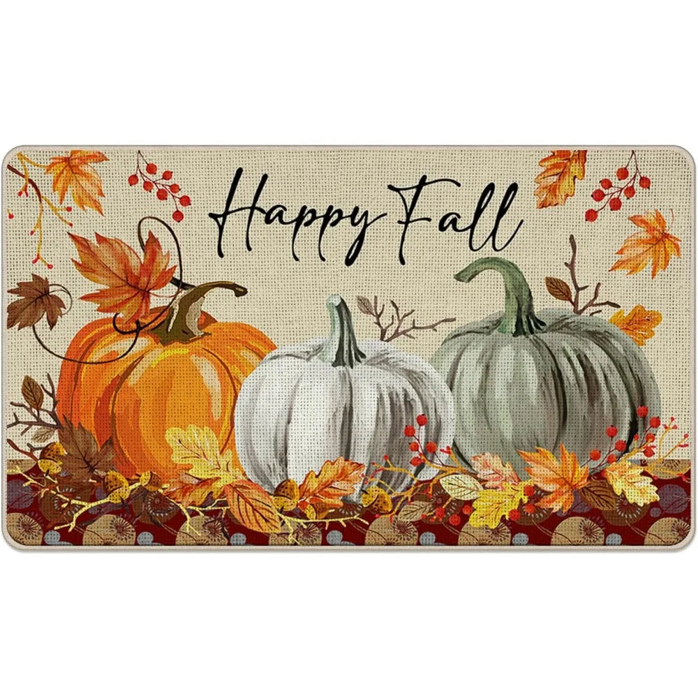 happy fall pumpkin decorative front door mat, autumn maple leaves welcome doormat indoor outdoor non-slip floor entryway rug, th